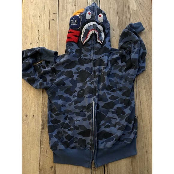 BAPE A Bathing Ape Full Zip Shark Hoodie Blue Camo WGM Youth Kids L Distressed* - Picture 1 of 12